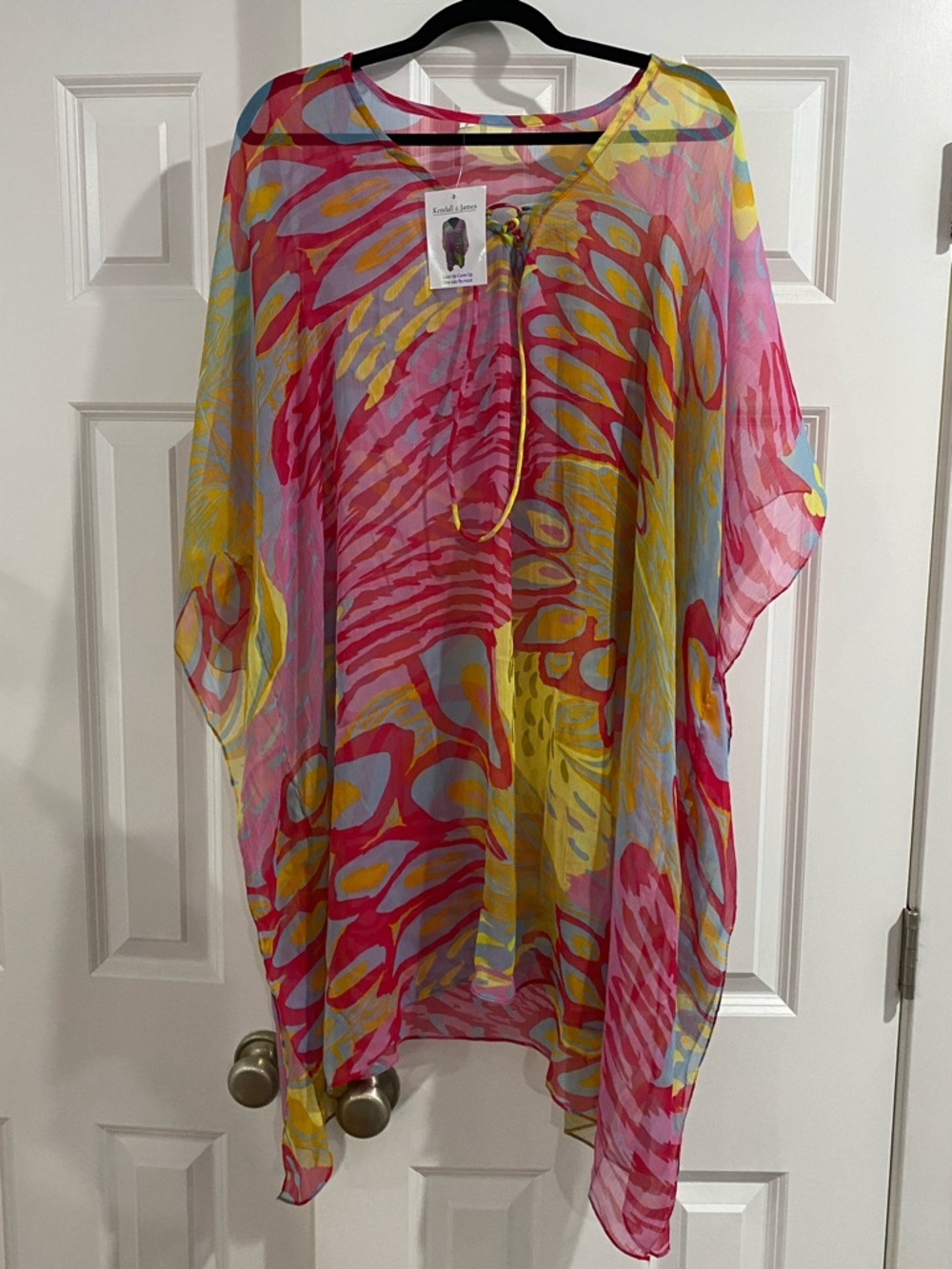 🆕 Kendall & James Multicolor Sheer Kaftan Tunic Lace Up Cover Up Beach Pool OSFM